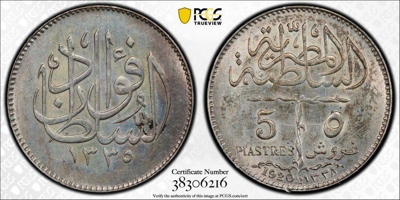 EGYPT: Fuad, as Sultan, 1917-1922, AR 5 piastres, 1920-H/AH1338, KM-326, struck ...