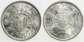 PORTUGUESE GUINEA: Colony, AR 20 escudos, 1952, KM-11, nice bright white luster, well struck, one-year type, ICG graded MS64.
Estimate: USD 65 - 75