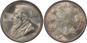 SOUTH AFRICA: Zuid Afrikaansche Republiek, AR 3 pence, 1897, KM-1, Johannes Paulus Kruger bust left, PCGS graded MS64.
Estimate: USD 100 - 150