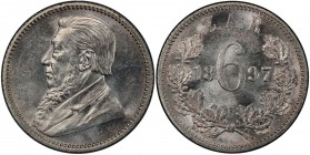 SOUTH AFRICA: Zuid Afrikaansche Republiek, AR 6 pence, 1897, KM-4, Johannes Paulus Kruger bust left, PCGS graded MS63+.
Estimate: USD 100 - 150