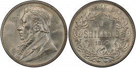 SOUTH AFRICA: Zuid Afrikaansche Republiek, AR shilling, 1897, KM-5, Johannes Paulus Kruger bust left, PCGS graded MS62.
Estimate: USD 100 - 150