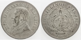 SOUTH AFRICA: Zuid-Afrikaansche Republiek, AR 5 shillings, 1892, KM-8.1, single shaft on wagon tongue, scratch, cleaned, one-year type, EF.
Estimate:...