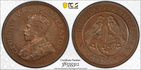 SOUTH AFRICA: George V, 1910-1936, AE farthing, 1923, KM-12.1, Hern-S1, black finished planchet, PCGS graded PF64 BR. Farthings dated 1923 were struck...