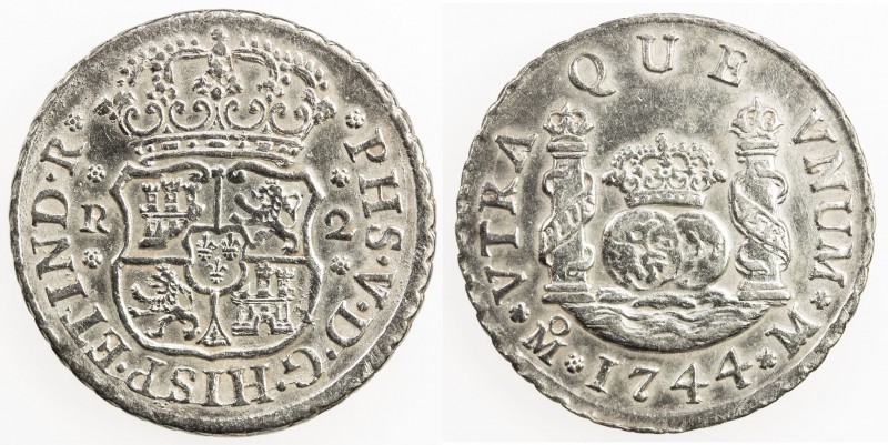 MEXICO: Felipe V, 2nd reign, 1724-1746, AR 2 reales, 1744-Mo, KM-85, assayer M, ...