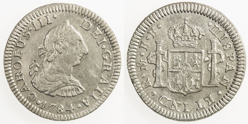 MEXICO: Carlos III, 1759-1788, AR ½ real, 1784-Mo, KM-69.2, assayer FF, EF.
Est...