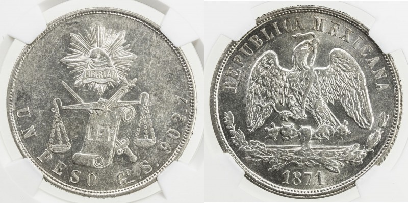 MEXICO: Republic, AR peso, 1871-Go, KM-408.4, assayer S, good strike, lustrous, ...