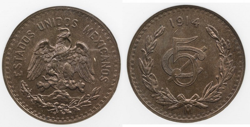 MEXICO: Estados Unidos, AE 5 centavos, 1914-Mo, KM-422, bold strike, better date...