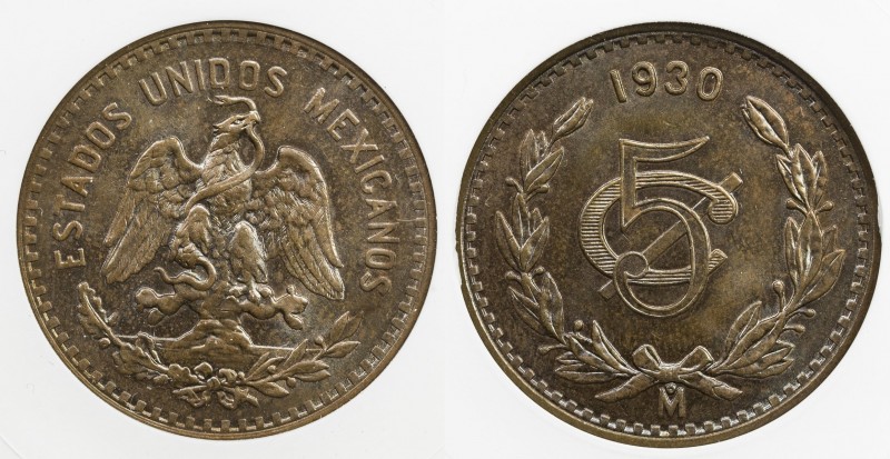 MEXICO: Estados Unidos, AE 5 centavos, 1930-Mo, KM-422, large oval 0 in date, lu...