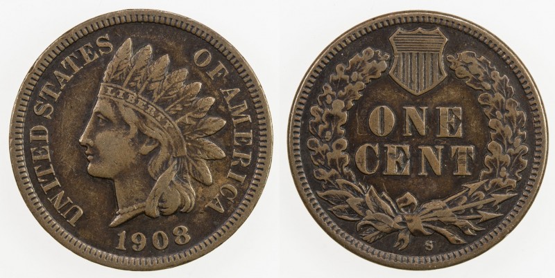 UNITED STATES: 1 cent, 1908-S, KM-90a, VF.
Estimate: USD 60 - 70