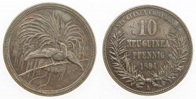GERMAN NEW GUINEA: Wilhelm II, 1888-1918, AE 10 pfennig, 1894-A, KM-3, lightly cleaned, some reverse field marks, classic bird of paradise motif, one-...