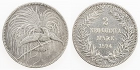 GERMAN NEW GUINEA: Wilhelm II, 1888-1918, AR 2 mark, 1894-A, KM-6, cleaned, classic bird of paradise motif, one-year type, VF, ex Wolfgang Schuster Co...