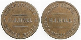 NEW ZEALAND: AE penny token, ND (1857), KM-Tn28a, R-164, 33.5mm with floriated crosses in legend, CHRISTCHURCH / COFFEE MILLS around rim, H. J. HALL a...