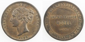 NEW ZEALAND: AE penny token, ND (1874), KM-Tn66, R-561, VICTORIA DEI GRATIA around portrait of Queen Victoria facing left with date at bottom // CORNE...