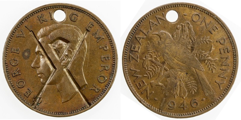 NEW ZEALAND: George VI, 1936-1952, AE penny, 1946, KM-13, unusual countermark in...