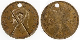NEW ZEALAND: George VI, 1936-1952, AE penny, 1946, KM-13, unusual countermark in the shape of Saint Andrews cross, pierced for wearing, EF.
Estimate:...