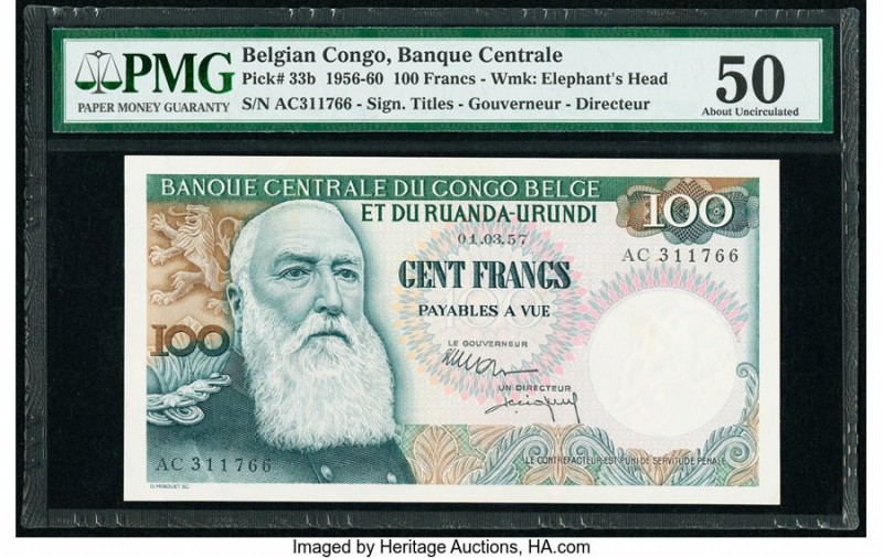 Belgian Congo Banque Centrale du Congo Belge 100 Francs 1.3.1957 Pick 33b PMG Ab...