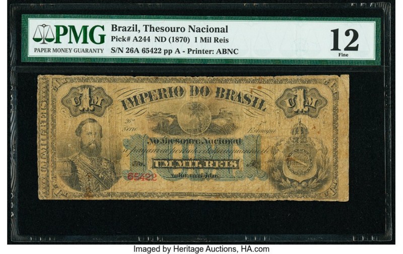 Brazil Thesouro Nacional 1 Mil Reis ND (1870) Pick A244 PMG Fine 12. 

HID098012...