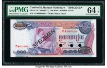 Cambodia Banque Nationale du Cambodge 100 Riels ND (1973) Pick 15s Specimen PMG Choice Uncirculated 64 EPQ. Three POCs; black Specimen & TDLR overprin...