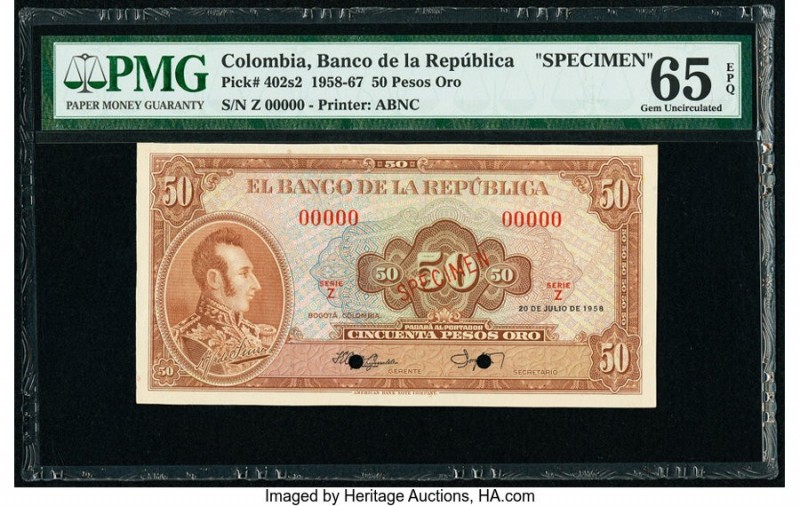 Colombia Banco de la Republica 50 Pesos Oro 20.7.1958 Pick 402s2 Specimen PMG Ge...
