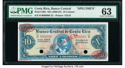 Costa Rica Banco Central de Costa Rica 10 Colones ND (1962-67) Pick 229s Specimen PMG Choice Uncirculated 63. Two POCs; red Specimen & TDLR overprints...