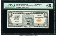 Dominican Republic Banco Central de la Republica Dominicana 1000 Pesos Oro ND (1947-50) Pick 67s Specimen PMG Gem Uncirculated 66 EPQ. Two POCs; black...