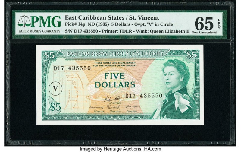East Caribbean States Currency Authority, St. Vincent 5 Dollars ND (1965) Pick 1...