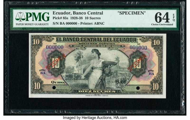 Ecuador Banco Central del Ecuador 10 Sucres ND (1928-38) Pick 85s Specimen PMG C...