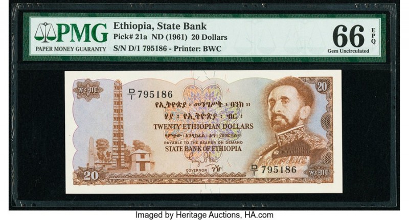 Ethiopia State Bank of Ethiopia 20 Dollars ND (1961) Pick 21a PMG Gem Uncirculat...