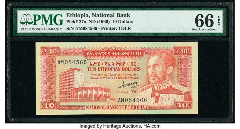 Ethiopia National Bank of Ethiopia 10 Dollars ND (1966) Pick 27a PMG Gem Uncircu...