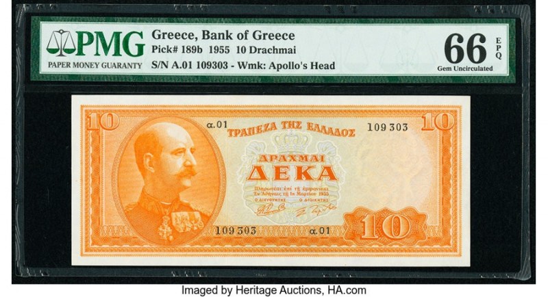 Greece Bank of Greece 10 Drachmai 1955 Pick 189b PMG Gem Uncirculated 66 EPQ. 

...