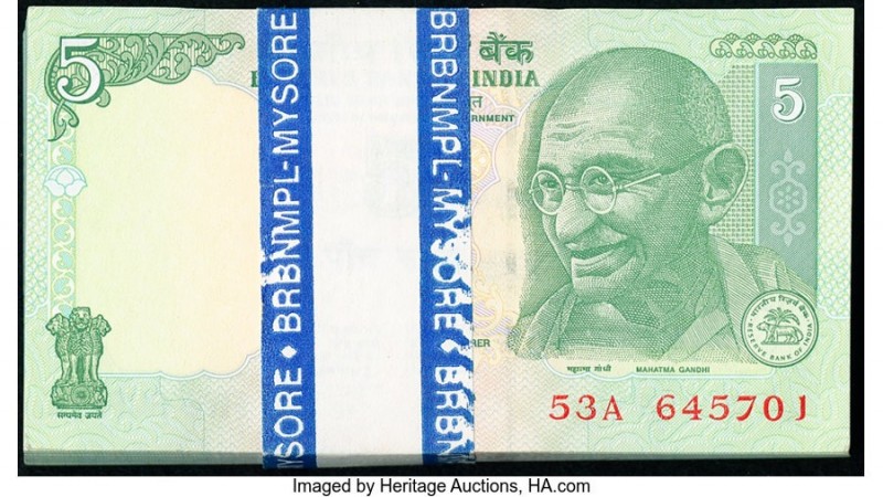 India Reserve Bank of India 5 Rupees 2009 Pick 94A 100 Examples Crisp Uncirculat...
