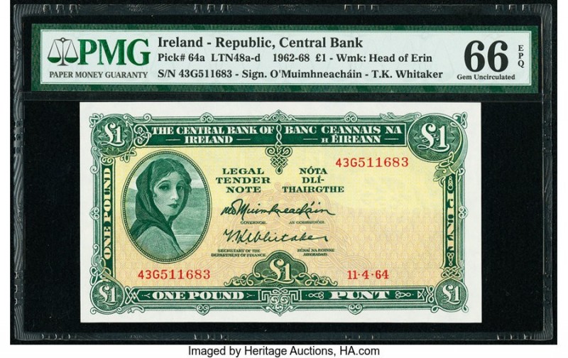 Ireland - Republic Central Bank of Ireland 1 Pound 11.4.1964 Pick 64a PMG Gem Un...