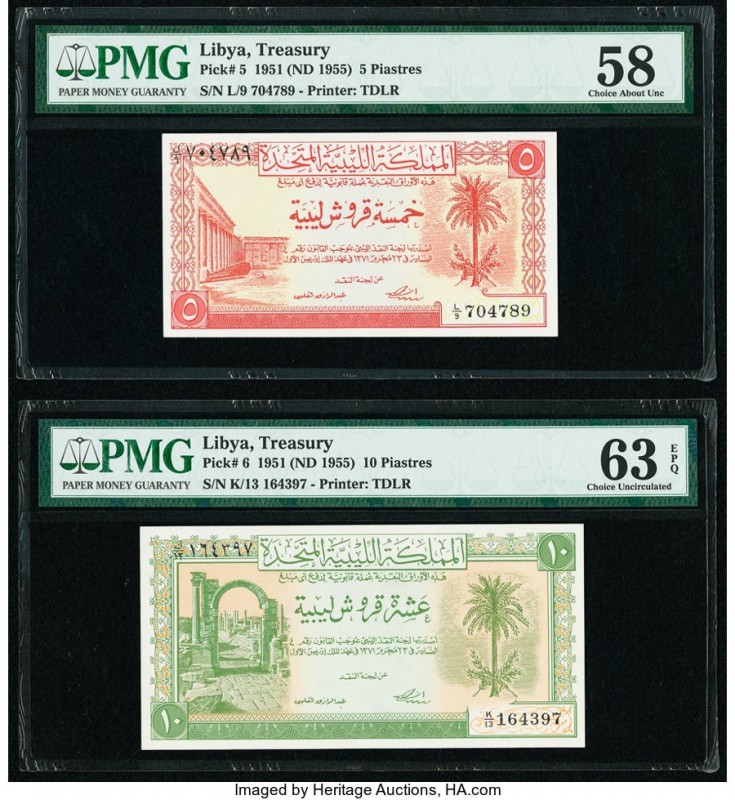Libya Treasury 5; 10 Piastres 1951 (ND 1955) Pick 5; 6 Two Examples PMG Choice A...