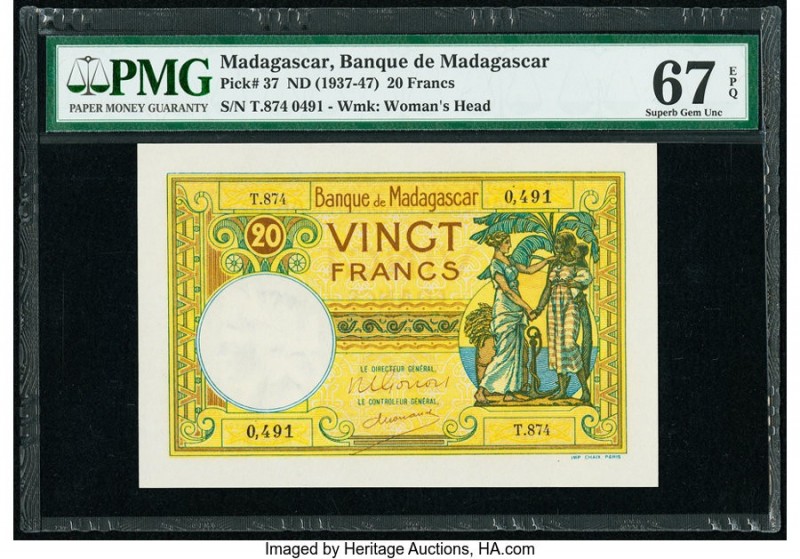 Madagascar Banque de Madagascar 20 Francs ND (1937-47) Pick 37 PMG Superb Gem Un...