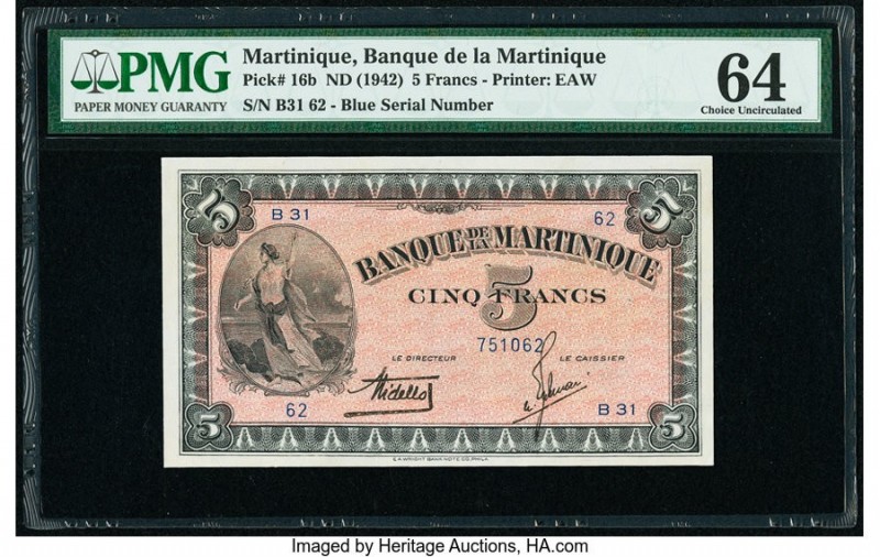 Martinique Banque de la Martinique 5 Francs ND (1942) Pick 16b PMG Choice Uncirc...