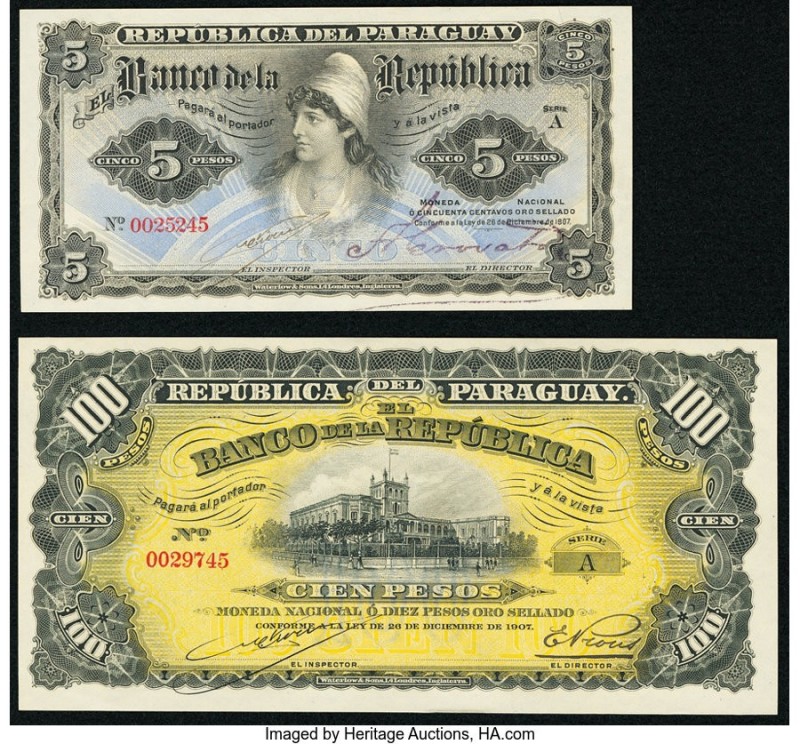 Paraguay Banco de la Republica 5; 100 Pesos 26.12.1907 Pick 156; 159 Two Example...