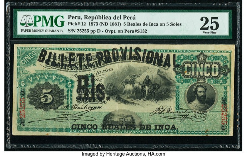 Peru Republica Del Peru 5 Reales de Inca on 5 Soles 1873 (ND 1881) Pick 12 PMG V...