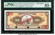 Peru Banco Central de Reserva 500 Soles de Oro 23.2.1968 Pick 87s Specimen PMG Gem Uncirculated 65 EPQ. Three POCs; red Specimen & TDLR overprints.

H...