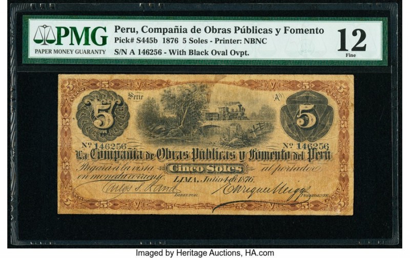 Peru Compania de Obras Publica y Fomento del Peru 5 Soles 4.7.1876 Pick S445b PM...