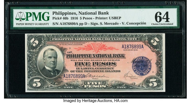 Philippines Philippine National Bank 5 Pesos 1916 Pick 46b PMG Choice Uncirculat...