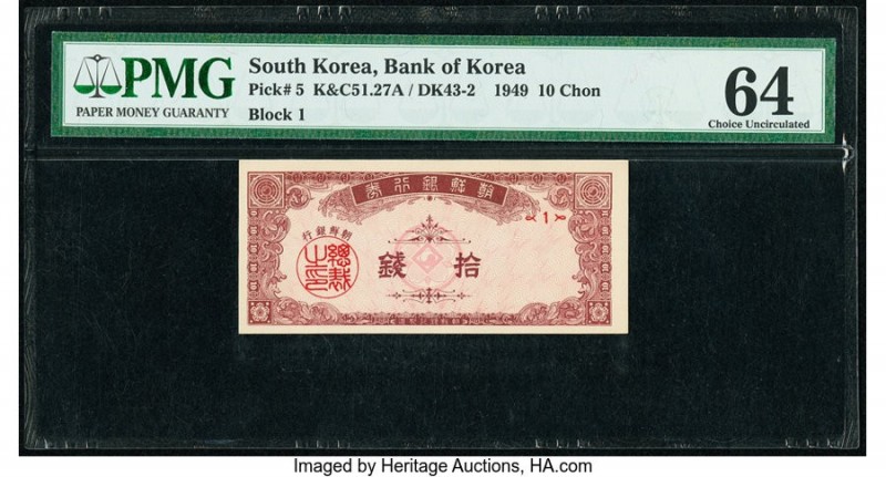 South Korea Bank of Korea 10 Chon 1949 Pick 5 PMG Choice Uncirculated 64. 

HID0...