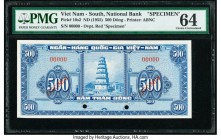 South Vietnam National Bank of Viet Nam 500 Dong ND (1955) Pick 10s2 Specimen PMG Choice Uncirculated 64. Two POCs; red Specimen overprints.

HID09801...