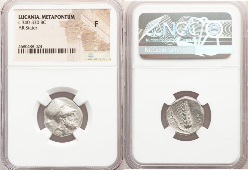 LUCANIA. Metapontum. Ca. 340-330 BC. AR stater (19mm, 11h). NGC Fine. Ap- and Am...