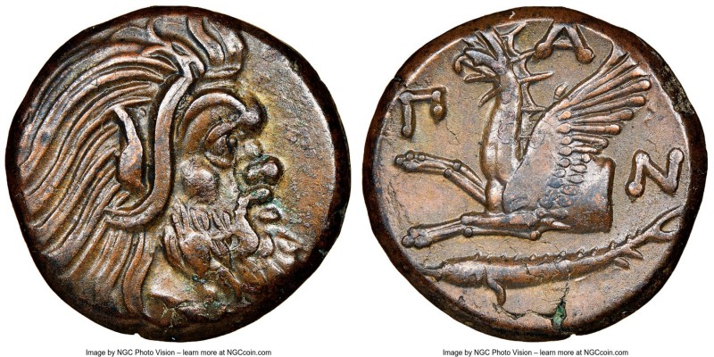 CIMMERIAN BOSPORUS. Panticapaeum. 4th century BC. AE (21mm, 11h). NGC AU. Head o...