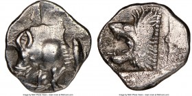 MYSIA. Cyzicus. Ca. 5th century BC. AR hemiobol (8mm, 3h). NGC Choice VF. Forepart of boar left, tunny upward behind / Head of lion left; star in uppe...