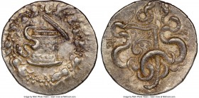MYSIA. Pergamum. Ca. 180/167-133 BC. AR cistophorus (27mm, 12h). NGC XF. Ca. 166-160 BC. Serpent emerging from cista mystica; all within ivy wreath / ...