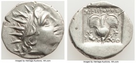 CARIAN ISLANDS. Rhodes. Ca. 88-84 BC. AR drachm (16mm, 2.40 gm, 12h). Choice XF. Plinthophoric standard, Nicephorus, magistrate. Radiate head of Helio...
