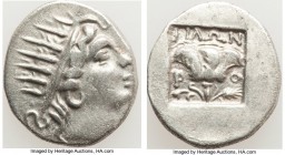CARIAN ISLANDS. Rhodes. Ca. 88-84 BC. AR drachm (16mm, 2.18 gm, 12h). Plinthophoric standard, Philon, magistrate. Radiate head of Helios right / ΦIΛΩN...