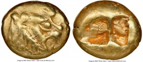 LYDIAN KINGDOM. Alyattes or Walwet (ca. 610-546 BC). EL third-stater or trite (13mm, 4.71 gm). NGC Choice VF 4/5 - 4/5, countermark. Uninscribed, Lydo...