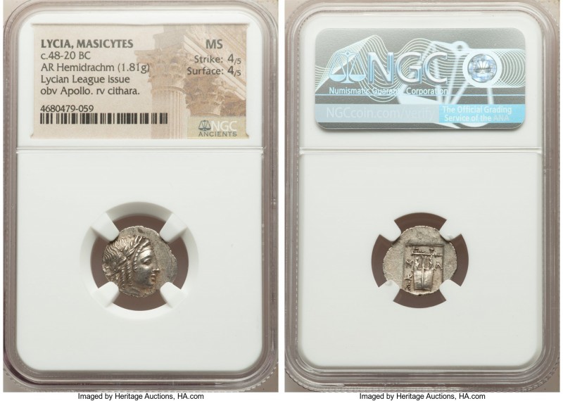 LYCIAN LEAGUE. Masicytes. Ca. 48-20 BC. AR hemidrachm (16mm, 1.81 gm, 12h). NGC ...